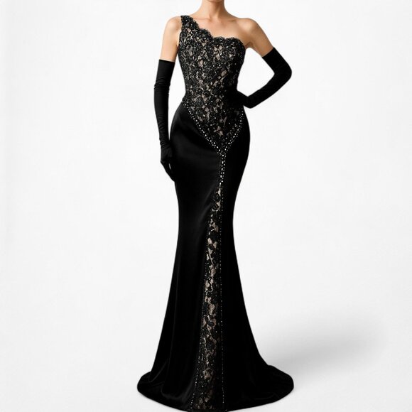 Vintage Black Satin Lace Beaded One Shoulder Bodycon Maxi Cocktail Prom Dress
